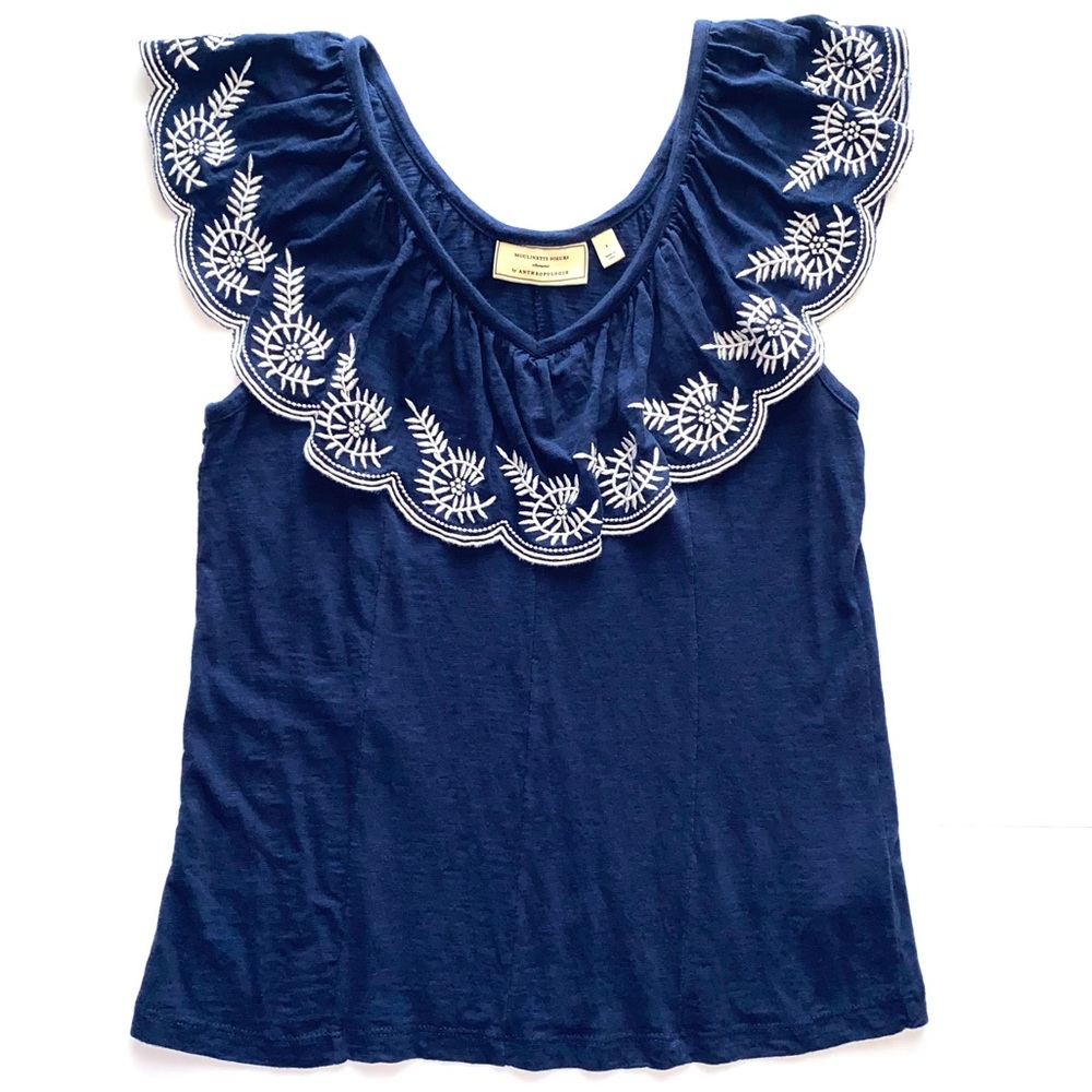 SOLD 💕Anthropologie Embroidered Julieta Ruffle Neck Top - Picture 2 of 10